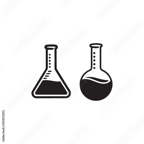 Simple Line Art of Two Science Lab Flasks.This clean line drawing showcases two common science lab flasks: a conical flask and a round bottom flask.