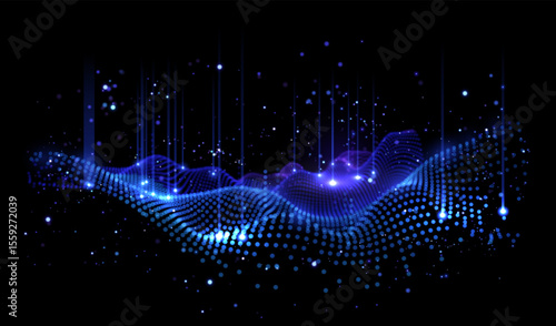 Wavy field of shining data particles in space. Abstract concept represents database, blockchain network, AI learning cloud, digtal network. Perfect for tech presentations