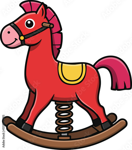 Red rocking horse toy vector illustration with pink mane and tail for children play and nursery room decoration