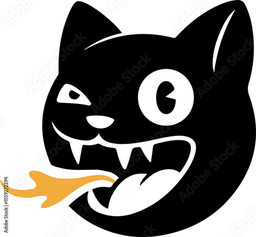Fierce black cat with fiery breath fire cartoon