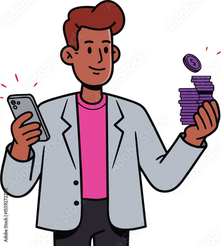 Young man holding smartphone and stack of coins in casual jacket vector illustration for financial technology concept