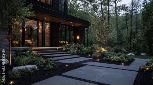 Contemporary House Exterior With Illuminated Pathway And Landscaping At Dusk