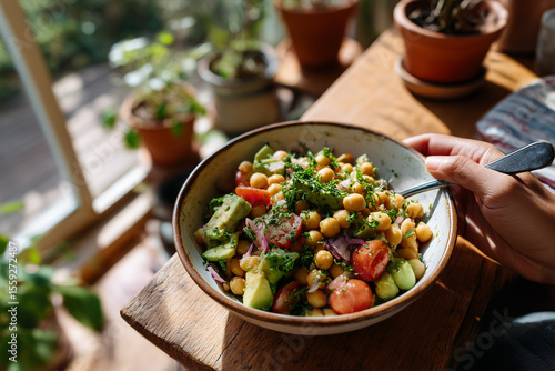 Colorful salad bowl with chickpeas and fresh vegetables on a sunny windowsill
