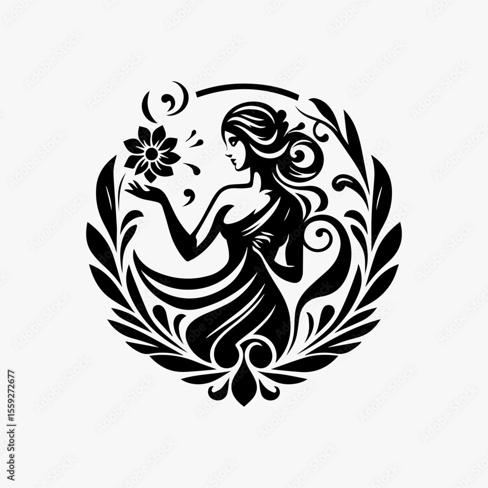 Obraz premium Elegant woman holding a flower, encircled by ornate leaves and floral designs.