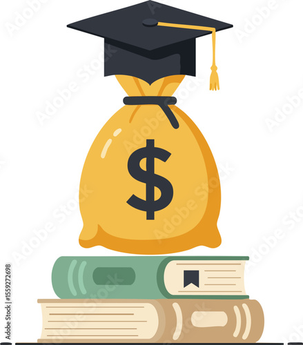Money bag with graduation cap on stack of books representing education funding and financial support for students vector illustration