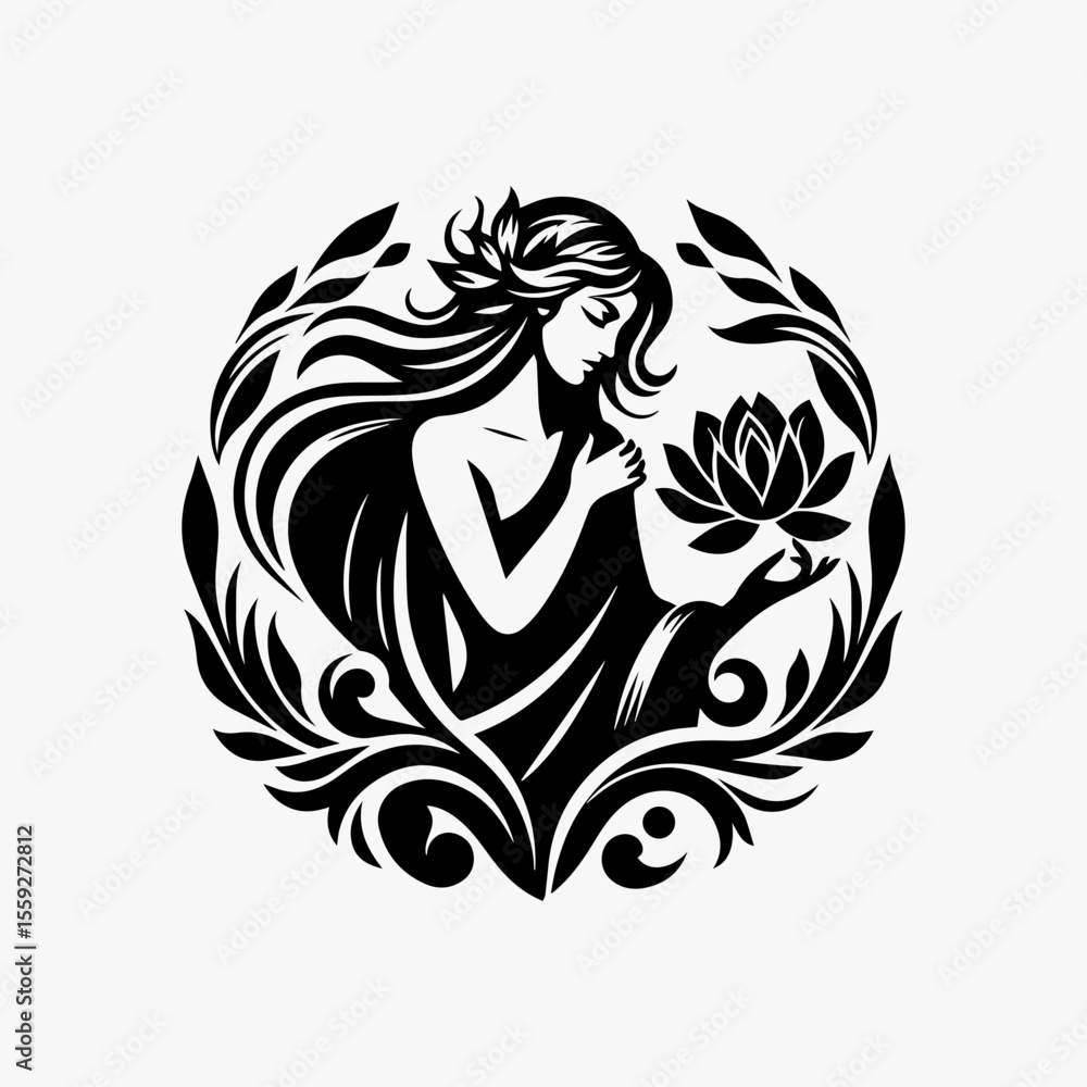 Elegant woman, serene expression, holding a lotus flower, encircled by ornate floral design. Elegant woman, serene expression, holding a lotus flower, encircled by ornate floral design.