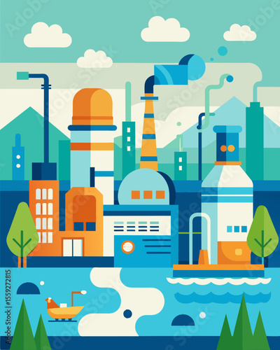 A bustling factory district is now home to a stateoftheart wastewater treatment facility providing a new sense of environmental responsibility to the area.. Vector illustration