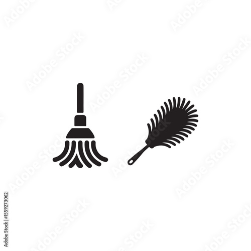 Vector Illustration of a Dustpan and a Duster.Simple, black and white vector graphic of a dustpan and a duster.