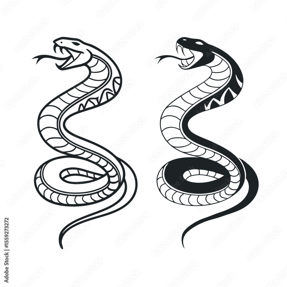 Fototapeta premium Aggressive Snake Tattoo Designs Black and White Illustrations