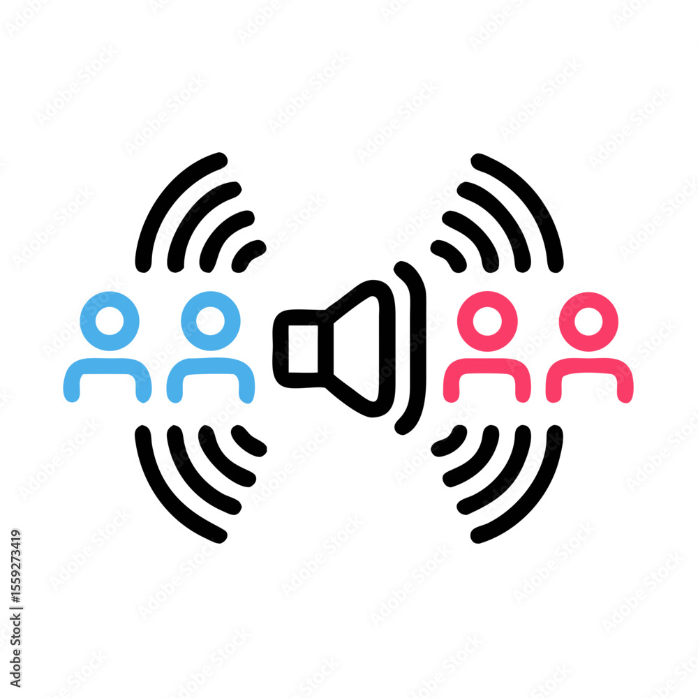 Sound wave connecting multiple voices in a vibrant icon design  