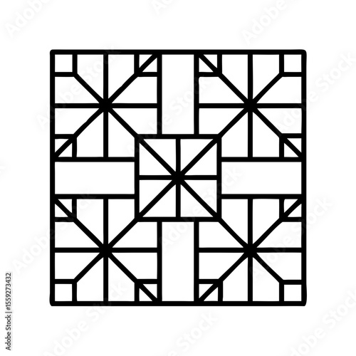 Geometric quilt pattern in black outline style on white background - Concept of icon, vector, unity  