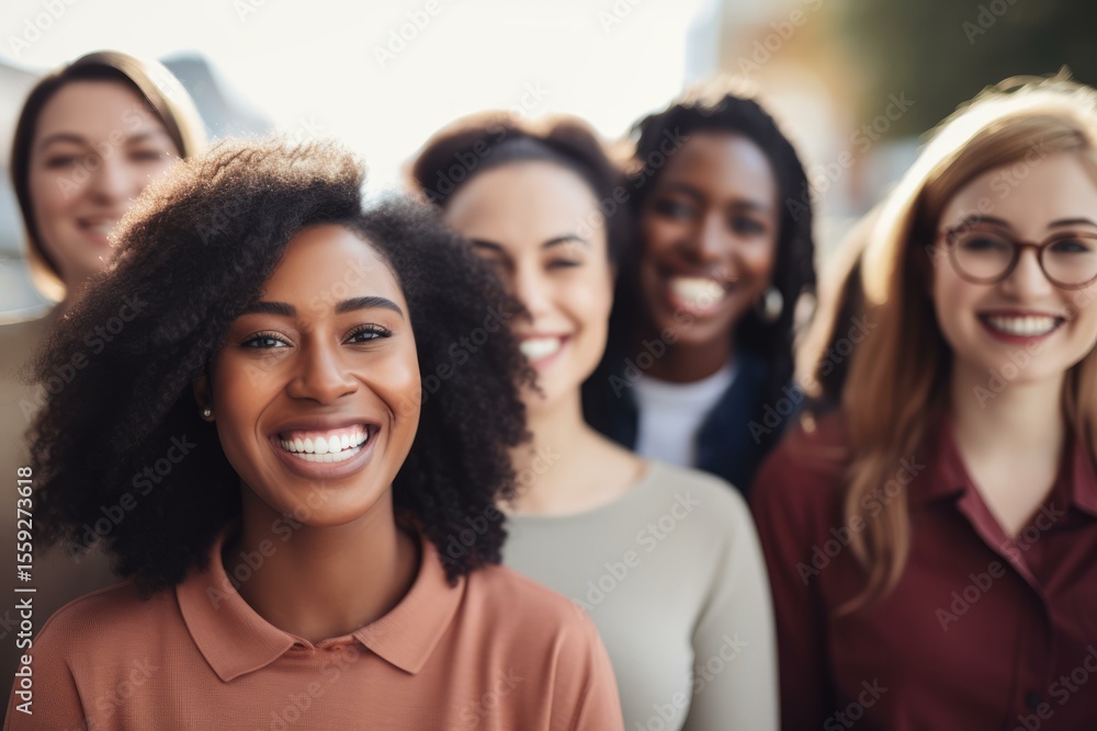 Headshot of five diverse young businesswomen smiling together outdoors Headshot of five diverse young businesswomen smiling together outdoors