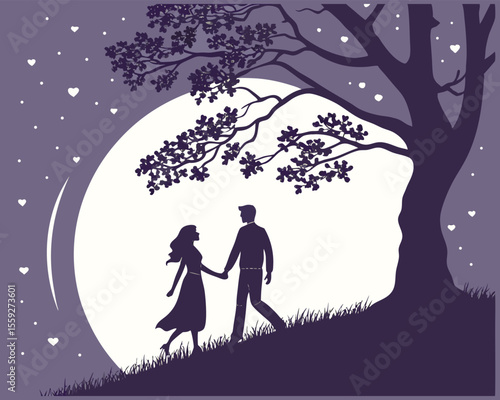 Silhouette of Couple Walking Underneath a Tree at Night