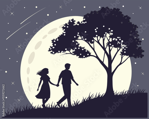 Silhouette of Couple Walking Under a Full Moon and Starry Night