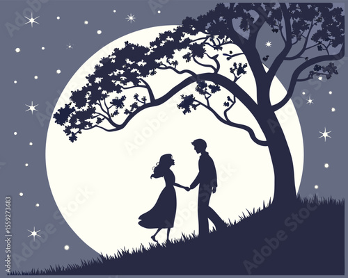 Silhouette of a Couple Holding Hands Under a Tree at Night