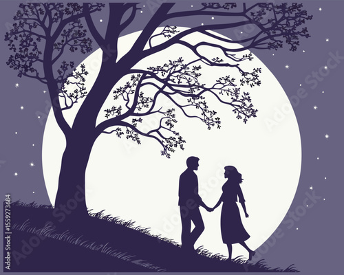 Silhouette of Couple Walking Underneath a Tree at Night