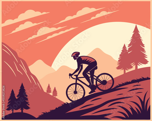 Cyclist Riding Mountain Bike Up Hill at Sunset