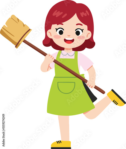 Cheerful girl holding broom cleaning house chores with green apron and red hair vector illustration