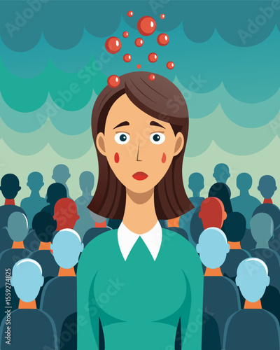 Sweat beads on her forehead as she stands in front of a large audience their curious eyes dissecting her every word and movement.. Vector illustration