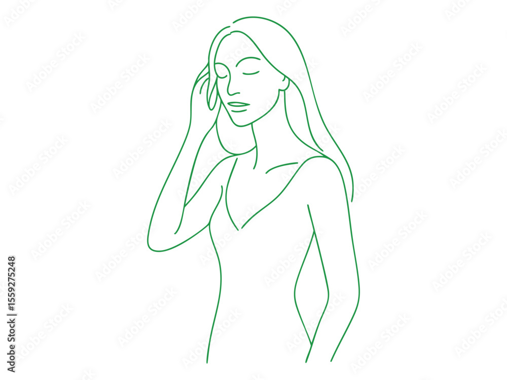 Green outline of woman in elegant dress isolated on white background, graphic illustration. concept of fashion, elegance, female form, beauty, design element, stylish icon Green outline of woman in elegant dress isolated on white background, graphic illustration. concept of fashion, elegance, female form, beauty, design element, stylish icon