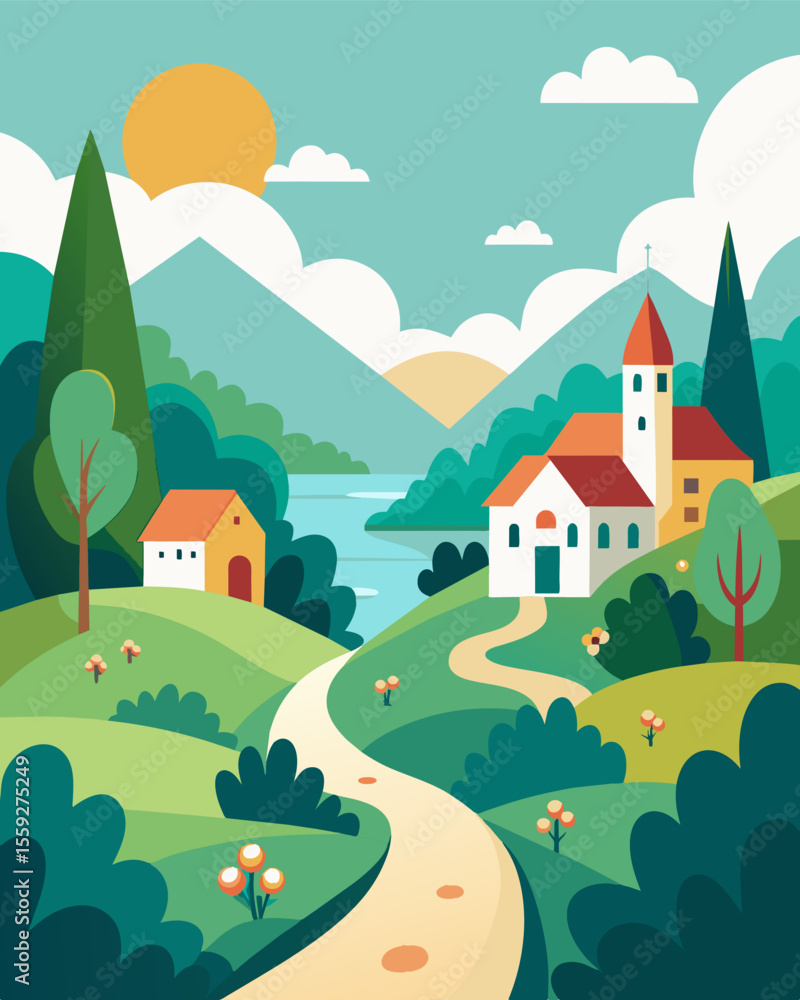 Fototapeta premium The only commute being a short walk through the village taking in the sights and sounds of nature.. Vector illustration