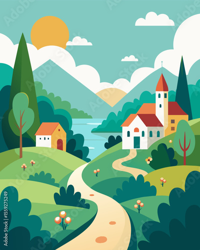 The only commute being a short walk through the village taking in the sights and sounds of nature.. Vector illustration