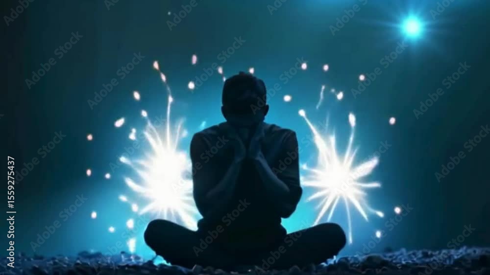 Man in meditation with glowing light emitting above his head, set against a dark background, symbolizing inner peace, enlightenment, and spirituality in a tranquil setting. Man in meditation with glowing light emitting above his head, set against a dark background, symbolizing inner peace, enlightenment, and spirituality in a tranquil setting.
