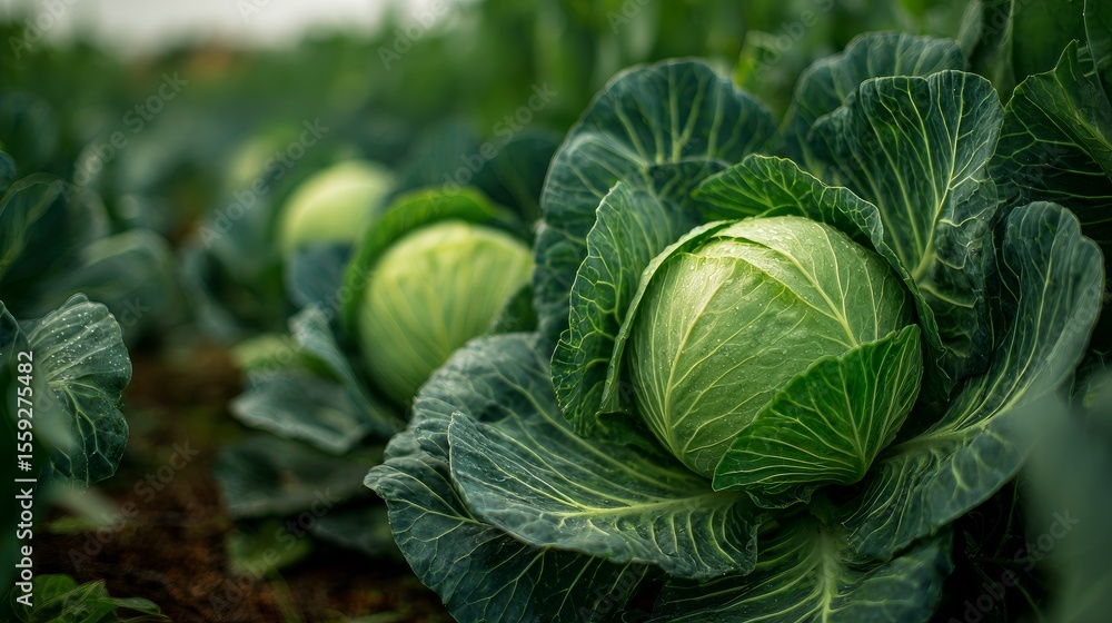 Obraz premium Close-up of green cabbage heads growing under the sun in a field