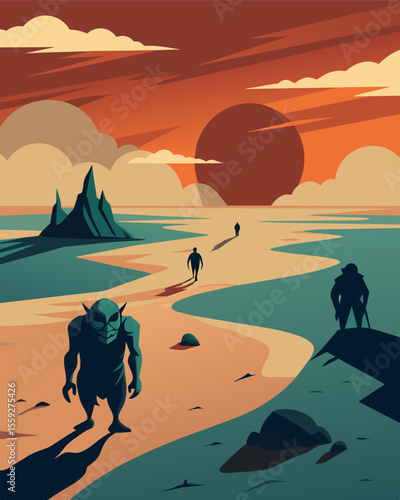 On a deserted beach at sunset the shadows of trolls stretch out across the sand creating a eerie and intimidating scene.. Vector illustration