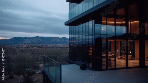 Modern Glass Building Exterior at Dusk with City Skyline and Desert Landscape