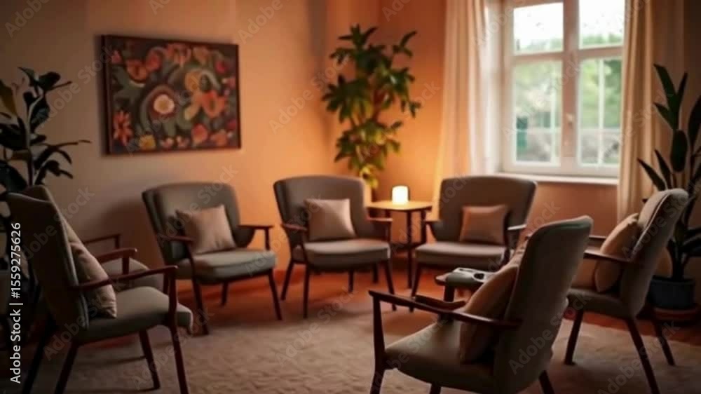 Serene group therapy room presents a calming atmosphere for mental health support, showing armchairs arranged in a circle, and subtle lighting creates a secure space. Serene group therapy room presents a calming atmosphere for mental health support, showing armchairs arranged in a circle, and subtle lighting creates a secure space.