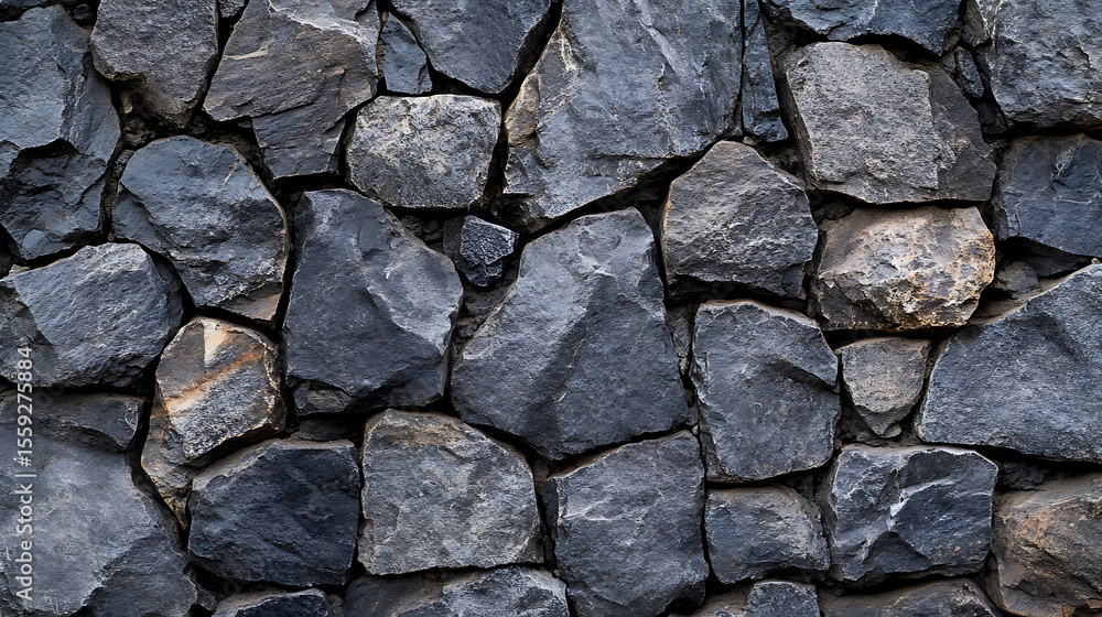 Fototapeta premium Dark volcanic rock wall backdrop textured stone surface decorative rock cladding garden feature gray rock background