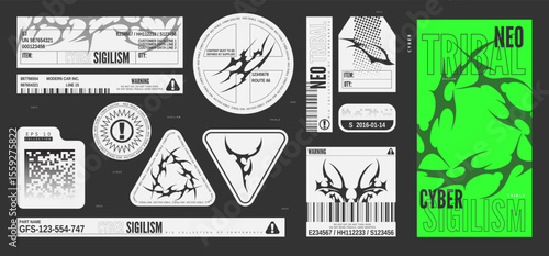 Neo tribal designs vector set, cyber sigilism ticket, label, sticker, poser, tag templates, gothic abstract sharp shapes
