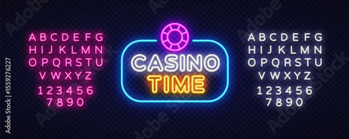  Neon phrase casino time with glowing chip icon above text. Surrounded by full pink and white alphabets for stylish gaming or betting materials.