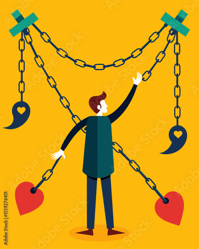 Each chain carries a different tactic of emotional manipulation binding a persons thoughts and actions and stripping away their autonomy.. Vector illustration