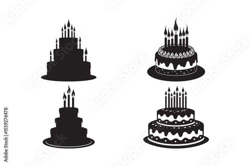 Collection of black silhouette birthday cakes with lit candles