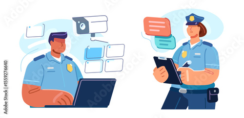 Police officer using video surveillance. Law enforcement, representative of state security. Protection rights, control