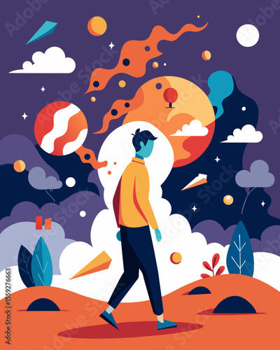The person walks cautiously navigating the unstable terrain of their jumbled thoughts and feelings.. Vector illustration