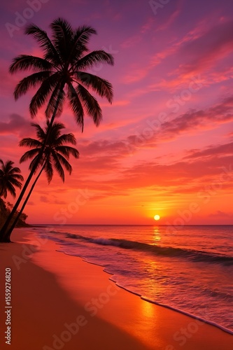 Tropical Beach at Sunset with Palm Trees and Calm Ocean Waves
