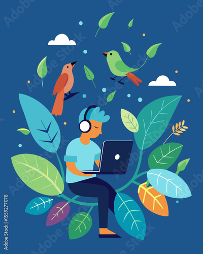 Natures symphony of chirping birds and rustling leaves provide a soothing soundtrack to my remote work tasks.. Vector illustration