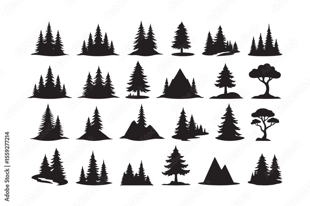 Obraz premium Collection of black silhouette trees and mountains on a white background