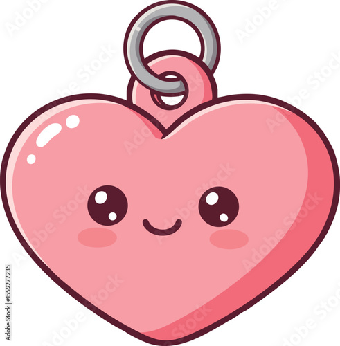Cute pink heart charm with smiling face and silver ring accessory vector design for love and friendship concepts