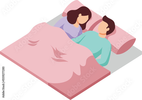 Couple lying together in bed under pink blanket showing intimacy and relaxation in bedroom scene vector illustration