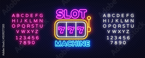 Neon sign slot machine with triple 777 on reels, side lever, and vibrant lighting. Full alphabet collection in glowing styles on both sides.