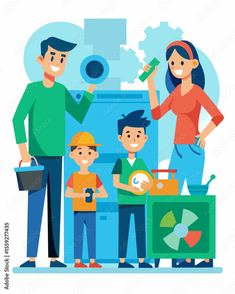A family hosts a repair party where they fix old and broken household items instead of immediately replacing them reducing their overall waste.. Vector illustration A family hosts a repair party where they fix old and broken household items instead of immediately replacing them reducing their overall waste.. Vector illustration