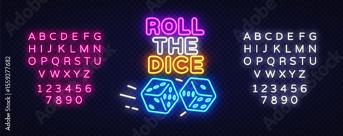 Neon sign roll the dice with glowing blue dice, vibrant typography, and movement lines. Includes alphabet and digits in two neon color styles.