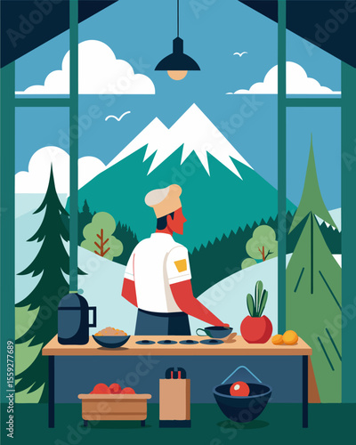 The lodges fully equipped kitchen becomes the workplace of a food blogger experimenting with local ingredients and recipes while enjoying the mountain views from the window.. Vector illustration