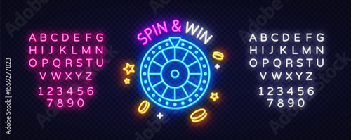 Neon sign spin and win with roulette wheel, flying coins and star symbols. Surrounded by glowing font sets for promotional casino design.