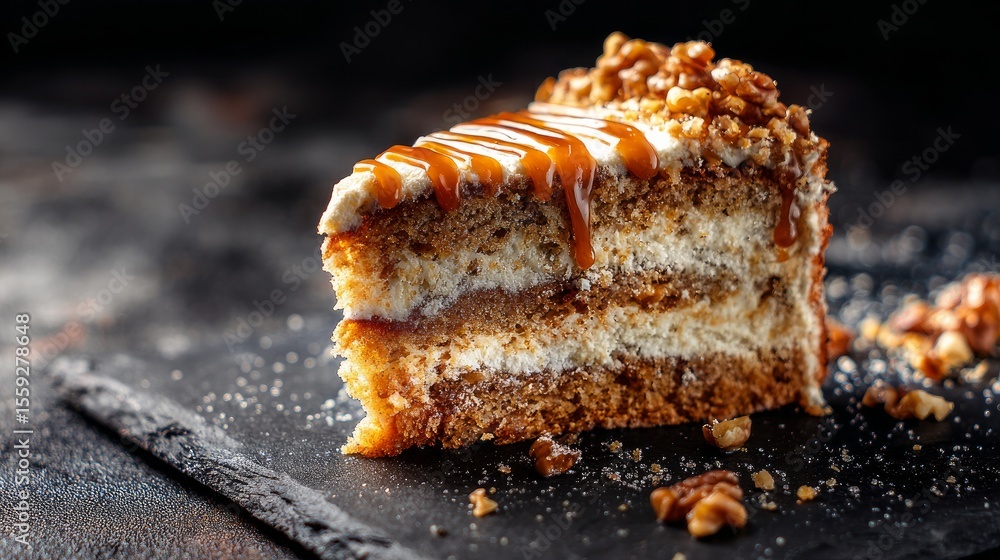 Fototapeta premium Slice of caramel walnut cake on a black marble surface, close-up with space for text
