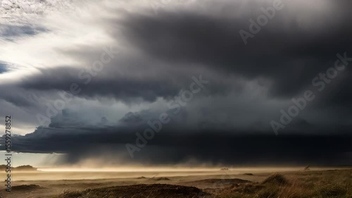 Dark storm clouds forming rapidly over field